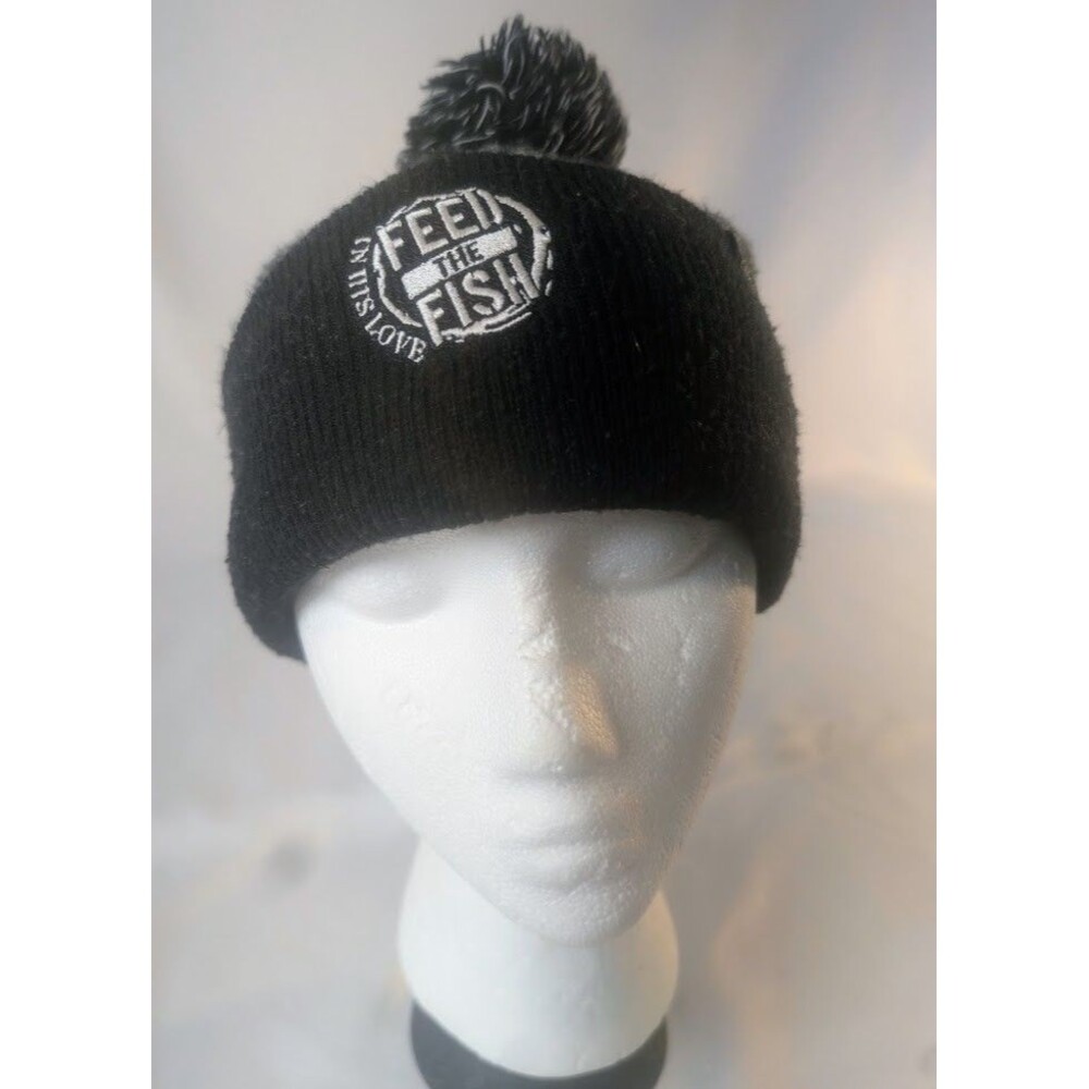 Crossland Black Knit Pom Beanie In His Love Feed The Fish Patch Winter Unisex